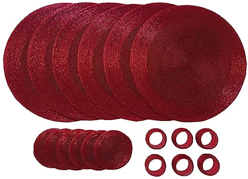 Penguin Home Set mit 18 Tischsets, Untersetzern und Serviettenringen aus Glasperlen - rote Farbe - runde Tischsets - handgefertigt von erfahrenen indischen Handwerkern - Durchmesser - 32 cm, 3698 von Penguin Home