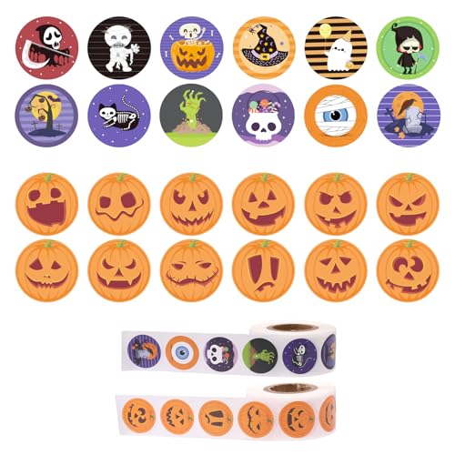 1000 Stück Halloween Aufkleber, 2 Rollen mit Kürbis und Geister Motiven Runde Siegeletiketten Selbstklebender Aufkleber Ideal für Party Dekoration Backverpackungen Bastelarbeiten von Penitue