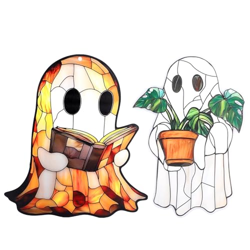 2stk Süße Geister Dekorationen zum Aufhängen, Halloween Ornament aus Acryl zum Aufhängen Fenster Lustige Wandkunst mit Geister und Pflanzenmotiv für Zuhause Garten und Außenbereich (Buch, Pflanze) von Penitue