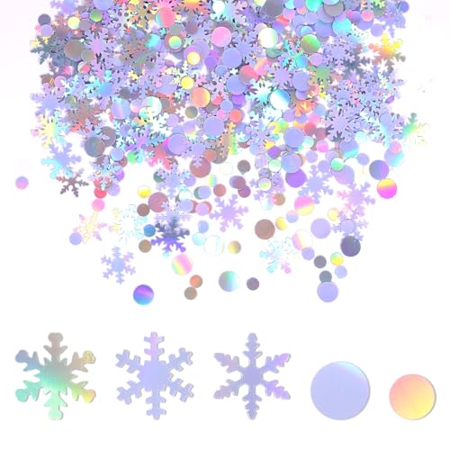 30g Holografisch Schneeflocken-Konfetti, Irisierend Schneeflocken und Runder Glitzer Weihnachtstisch-Dekorationen für Winter Wonderland Themenparty-Dekor Hochzeit von Penitue
