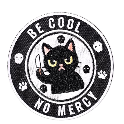 Be Cool No Mercy Katzen-Aufnäher, Lustiger Bestickter Klettverschluss-Aufnäher mit Tier-Meme-Moral für Rucksäcke Jacken Hüte Hundewesten und DIY-Applikation von Penitue