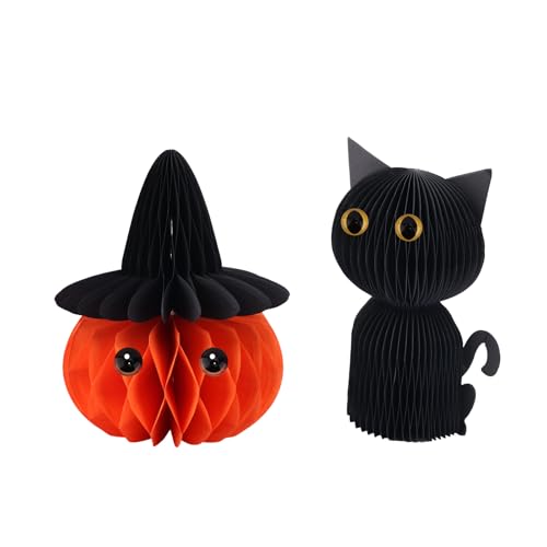 Penitue 2stk Halloween-Wabendekorationen, Hexenhut Kürbis und Schwarze Katze Waben-Mittelstücke 3D-Papier-Party-Dekor für Zuhause Tisch Schaufenster(Schwarz, Orange) von Penitue