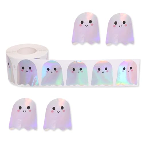 Penitue 500stk Halloween Aufkleber Geister, Holografische Boo-süße Halloween-Geister-Aufkleberrolle Wasserfest Selbstklebend Dekoration für Umschläge Tagebücher Partygeschenke von Penitue