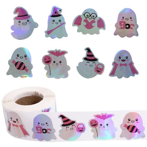Penitue 500stk Halloween-Geister-Aufkleberrolle, Süßer Rosa Geist Selbstklebende Aufkleber für Partyzubehör Basteln Bonbontüten Wasserflaschen Laptops Sammelalben und Heimwerkerarbeiten (8 Designs) von Penitue