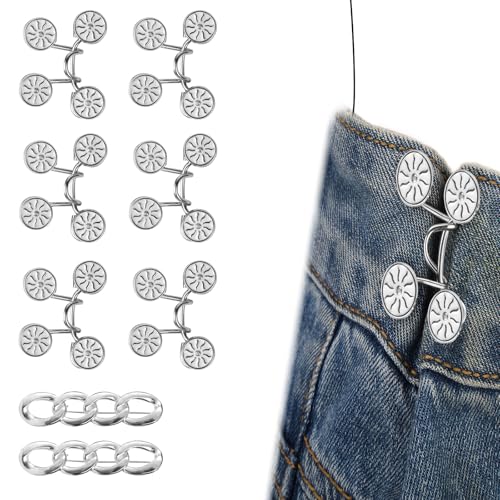 Penitue 8 Stk Hosenbund Set, Taillenbund Clip Aus Zinklegierung Wiederverwendbarer Hosenverstellerknopf mit Kettenstift für Damen Lockere Kleidung (Großes, Weißes, Sonnenblumen Design) von Penitue