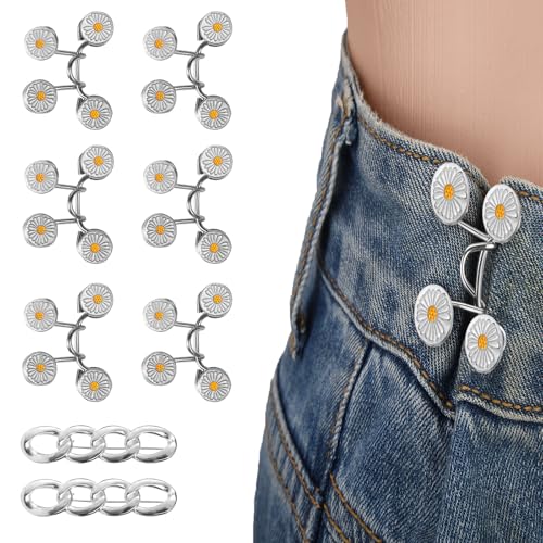 Penitue 8 Stk Hosenbund Set, Taillenbund Clip Aus Zinklegierung Wiederverwendbarer Hosenverstellerknopf mit Kettenstift für Damen Lockere Kleidung (Kleines, Silbernes, Gänseblümchen Design) von Penitue