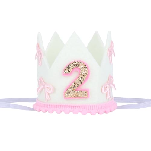 Penitue Geburtstagskrone, Rosa und Weiß Hut zum 2. Geburtstag Filzkrone mit Schleife Kopfbedeckung zum 2. Geburtstag für Mädchen Party Accessoire Foto Requisite von Penitue