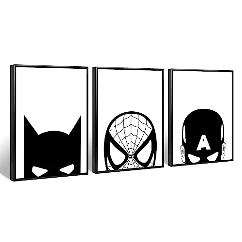 Superhelden-Spiderman-Leinwandkunst, schwarz-weiß, Kinderzimmer, Wandkunst, Superhelden-Poster, Spiderman-Bilder, Gemälde, Wanddekoration, Superhelden-Poster für Kinderzimmer, 30,5 x 40,6 x 7,6 cm, von Pennclys