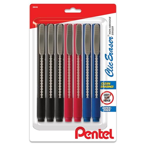 Clic Radiergummi, einziehbar, mit Griff, Bürofass-Farben (schwarz, rot, blau), 7 Stück von Pentel