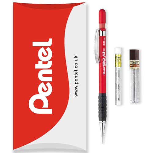Pentel 120 Series Automatischer Druckbleistift A313 + 12 HB-Minen + Tube Radiergummi-Nachfüllminen – in Kissenverpackung – 0,3 mm – Rot von Pentel