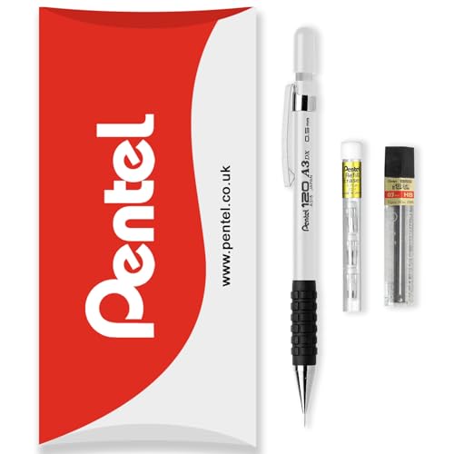 Pentel 120 Series Automatischer Druckbleistift A315 + 12 HB-Minen + Tube Radiergummi-Nachfüllminen – in Kissenverpackung – 0,5 mm – Weiß Pentel 120 Series Automatischer Druckbleistift A315 + 12 HB-Minen + Tube Radiergummi-Nachfüllminen – in Kissenverpackung – 0,5 mm – Weiß von Pentel