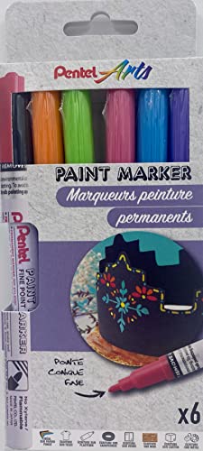 Pentel Arts Paint Marker MSP10, Packung mit 6 Permanent-Marker, feine Spitze, Schwarz/Violett/Rosa/Orange/Hellgrün/Himmelblau von Pentel