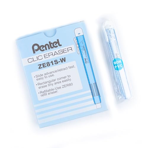 Pentel Clic Eraser ZE81 Radierer, rechteckig, nachfüllbar, Gehäuse in Himmelblau, transparent, 12 Stück von Pentel