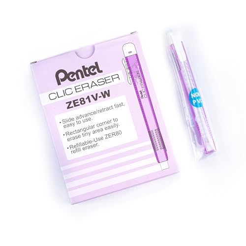 Pentel Clic Eraser ZE81 Radierer, rechteckig, nachfüllbar, violett, transparent, 12 Stück von Pentel