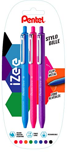 Pentel IZee Kugelschreiber, einziehbar, mit Metallclip Blister de 3 Himmelblau/Rosa/Violett. von Pentel