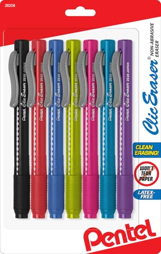 Pentel Klischer Radiergummi, einziehbarer Stiftgriff, 7 Stück, sortierte farbige Radiergummis für Kunst, Zeichnen und Skizzieren von Pentel