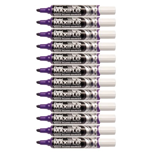 Pentel Maxiflo MWL6 Whiteboard-Marker, trocken abwischbar, breite Keilspitze, Flüssigtinte, Violett, 12 Stück von Pentel