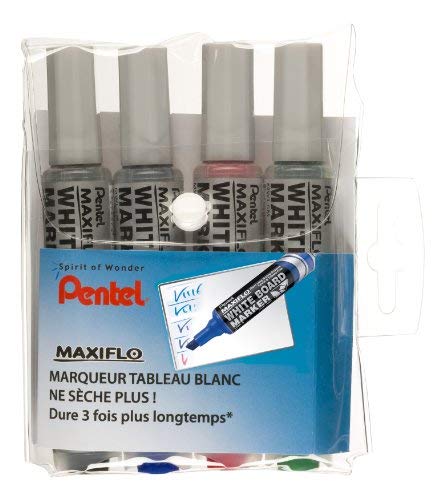 Pentel Maxiflow Set mit 4 Whiteboard-Markern, Keilspitze, Large, Schwarz/Blau/Rot/Grün, MWL6 von Pentel