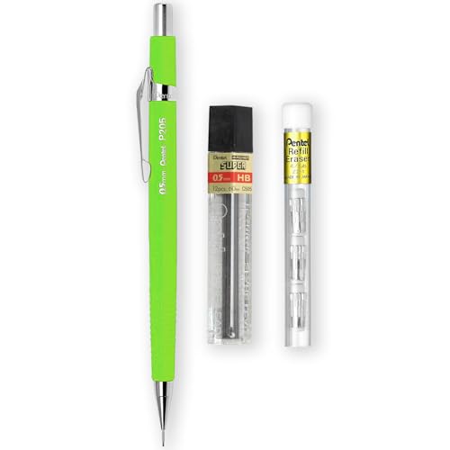 Pentel P205-97C Druckbleistift, fluoreszierend, einzeln + 12 Hi-Polymer HB 0,5 mm Nachfüllminen + Z2-1N Radiergummi-Nachfüllminen, 4 Stück (fluoreszierendes Grün) von Pentel
