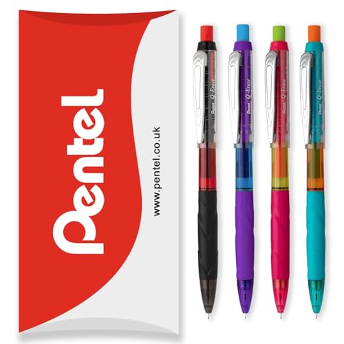 Pentel Q-Erase Druckbleistift mit einziehbarem Radiergummi, 0,5 mm, Härtegrad HB, Schwarz, Violett, Rosa und Blau, 4 Stück, in Kissenverpackung Pentel Q-Erase Druckbleistift mit einziehbarem Radiergummi, 0,5 mm, Härtegrad HB, Schwarz, Violett, Rosa und Blau, 4 Stück, in Kissenverpackung von Pentel