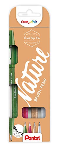 Pentel SES15N-4 Brush Sign Pen Nature Colors Set, Faserschreiber, pinselähnliche Spitze, 4 Stück, farblich sortiert, olivgrün, hellbraun, hellgrau, burgunderrot Pentel SES15N-4 Brush Sign Pen Nature Colors Set, Faserschreiber, pinselähnliche Spitze, 4 Stück, farblich sortiert, olivgrün, hellbraun, hellgrau, burgunderrot von Pentel