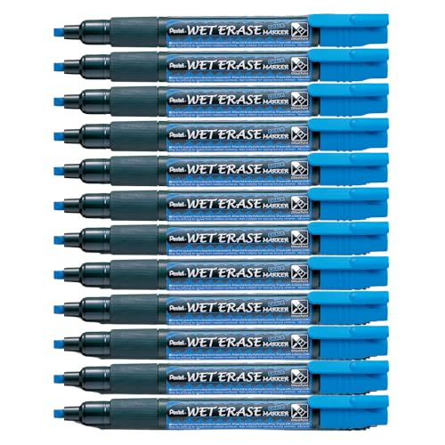 Pentel SMW26-CO Wet Erase Marker, Kreidemarker, Feucht abwischbar, Keilspitze, 12 Stück, Blau von Pentel