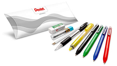 Pentel Starterpack mit 10 Teilen: 4 x Druckkugelschreiber schwarz/rot/blau/grün, 2 x blau, 1 x Textmarker mit Druckbleistift, 1 x Etui mit 12 Minen HB, 1 x Mini Radiergummi von Pentel