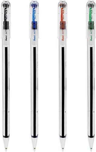 Pentel Superb Kugelschreiber, 0,7 mm Spitze, 0,25 mm Strichbreite, feine Linie, nachfüllbare Tinte, Schwarz, Blau, Rot und Grün, 4 Stück von Pentel