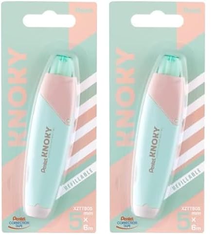 Pentel XZTT805K-WY Knoky Korrekturband mit Druckmechanik, ergonomische Form, nachfüllbar, Länge 6m, Breite 5mm, Gehäusefarbe hellgrün, 1 Stück auf Blisterkarte (Packung mit 2) von Pentel