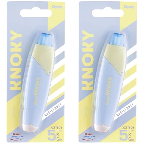 Pentel XZTT805S-WY Knoky Korrekturband mit Druckmechanik, ergonomische Form, nachfüllbar, Länge 6m, Breite 5mm, Gehäusefarbe hellblau, 1 Stück auf Blisterkarte (Packung mit 2) von Pentel