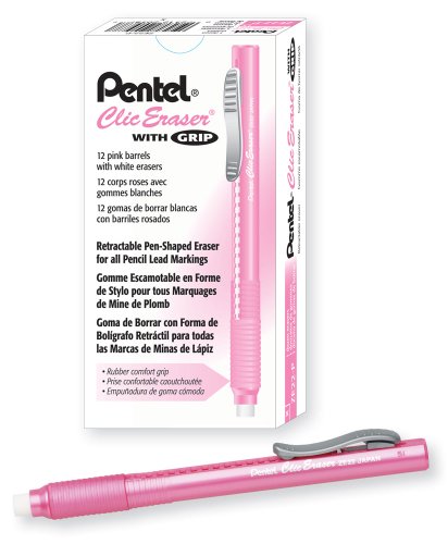 Pentel ZE22P Clic Radiergummi-Griff, einziehbarer Radiergummi, pinker Schaft, 12 Stück von Pentel