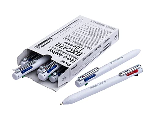Pentel iZee BXC470-W Kugelschreiber, 4 Farben, niedrige Viskosität, Schwarz, Rot, Blau, Grün, 1 mm, breiter Schaft, Weiß, 12 Stück von Pentel