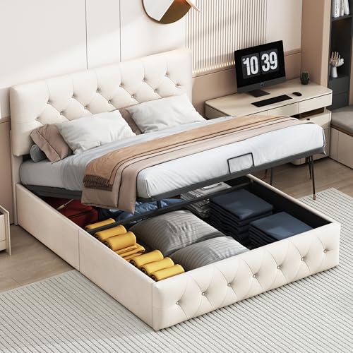 PerGar Boxspringbett Polsterbett 160x200CM mit Stauraum & Lattenrost, Hydraulisch Stauraumbett Doppelbett Funktionsbett für Jugend, Erwachsene, Samtstoff, Ohne Matratze, Beige von PerGar