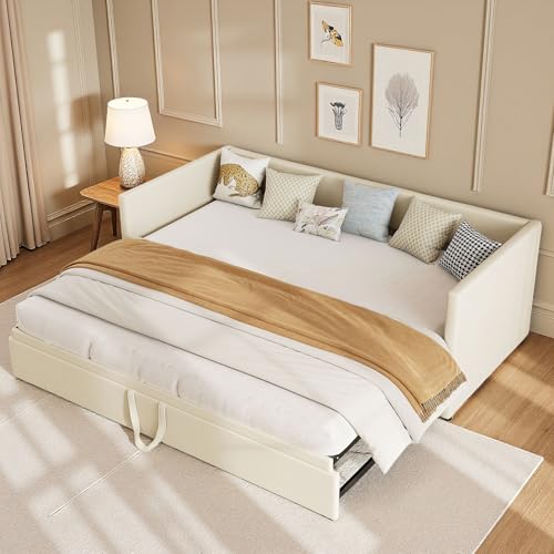 PerGar Tagesbett Ausziehbar, Schlafsofa 90/180x200cm, Einzelbett/Doppelbett, Funktionsbett, Bett mit Lattenrosten, Hautfreundlichem Samtstoff, Bettgestell, Ohne Matratze (Beige) von PerGar