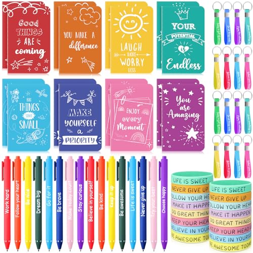 PerKoop 64 Stück inspirierende Geschenke, Großpackung, 16 motivierende Notizbücher, Tagebuch, 16 Kugelschreiber, 16 Armbänder, 16 Schlüsselanhänger für Lehrer, Büro, Frauen, Mitarbeiter, Partyzubehör von PerKoop