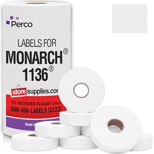 Perco Weiße Preisetiketten für Monarch 1136 Preisauszeichner, 8 Rollen, 14.000 Preisauszeichnungsetiketten von Perco