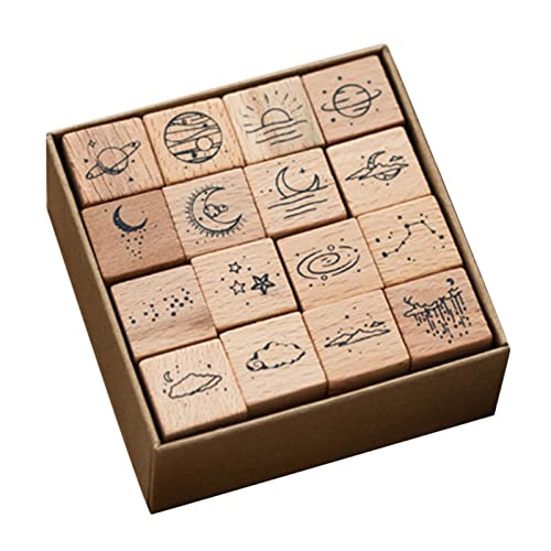 Perfeclan 16x Stempel-Set aus Holz für Scrapbooking, DIY, Tagebuch, Mond, Sonne, Sterne, schmücken zum Zeichnen, zeichnen, von Perfeclan
