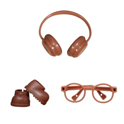 Perfeclan Puppen-Regenstiefel-Zubehör, Elegante Foto-Requisiten, Kostüme, DIY-Puppenschuhe mit Kopfhörern und Brille für 6,69 Zoll, Braun von Perfeclan