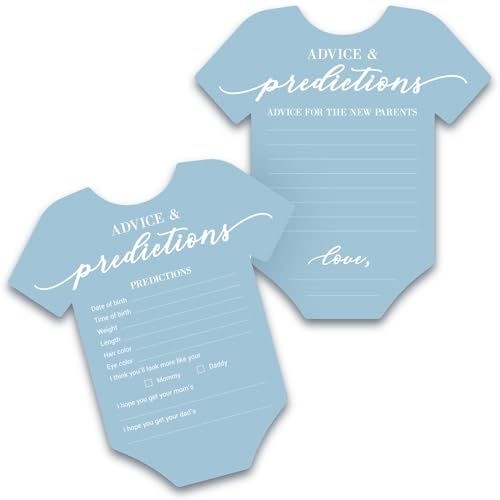 Baby Shower Ratschläge & Vorhersagekarten – für 50 Gäste – Blauer Einteiler doppelseitige Ratschläge + Vorhersage-Karten – Minimalistische Babyparty-Dekorationen & Spiele für Jungen – (50 Stück) von Perfect Occasion