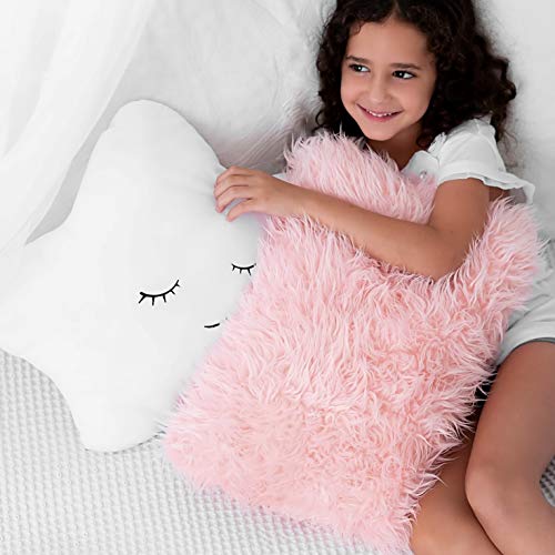 Dekokissen für Baby-Mädchen, Kinder, mit Sternenmotiv, Weiß mit niedlichem besticktem Schlafgesicht und flauschigem rosa Kunstfell, weich und plüschig, für Kinderbett, Kinderzimmer, Kleinkind, von Perfectto Design