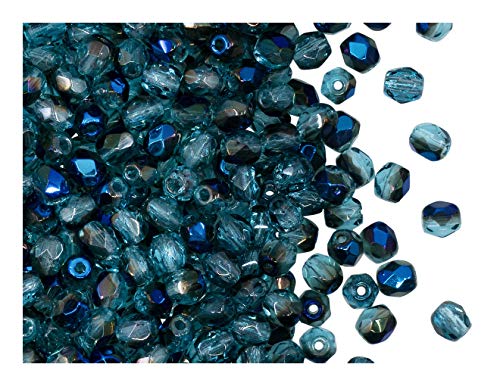 100 Stьck Tschechische Facettierten Glasperlen, Fire-Polished, Rund 4 mm, Aquamarine Azuro (Light Blue Transparent Half Dark Blue Metallic) von Perlen Fire-Polished 4mm