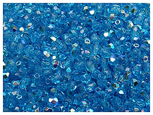 100 Stück Tschechische Facettierten Glasperlen Fire-Polished Rund 4 mm, Aquamarine Blue AB von Perlen Fire-Polished 4mm