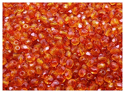 100 Stück Tschechische Facettierten Glasperlen Fire-Polished Rund 4 mm, Crystal Orange Red Amber von Perlen Fire-Polished 4mm