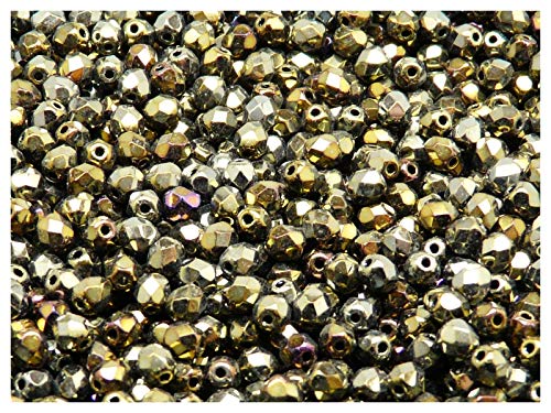 100 Stück Tschechische Facettierten Glasperlen Fire-Polished Rund 4 mm, Jet Bronze Iris von Perlen Fire-Polished 4mm
