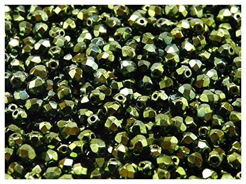 100 Stück Tschechische Facettierten Glasperlen Fire-Polished Rund 4 mm, Jet Green Lustre von Perlen Fire-Polished 4mm