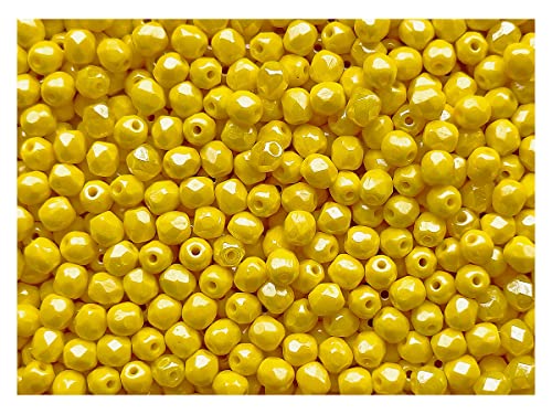 100 Stück Tschechische Facettierten Glasperlen Fire-Polished Rund 4 mm, Lemon Luster (Opaque Yellow Luster) von Perlen Fire-Polished 4mm