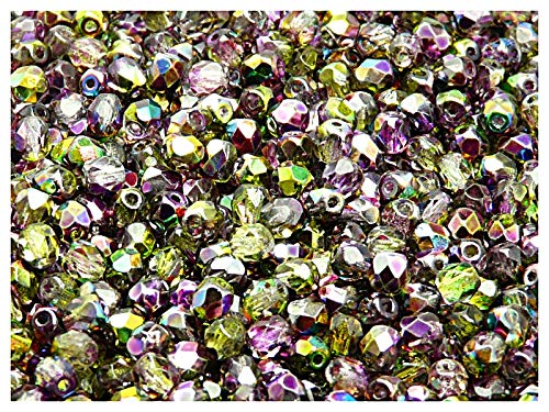 100 Stück Tschechische Facettierten Glasperlen Fire-Polished Rund 4 mm, Magic Violet-Green von Perlen Fire-Polished 4mm