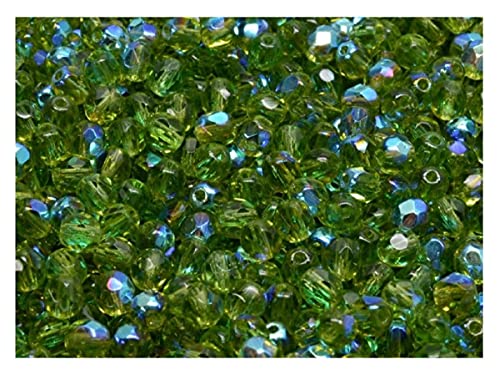 100 Stück Tschechische Facettierten Glasperlen Fire-Polished Rund 4 mm, Olivine AB (Green Transparent AB) von Perlen Fire-Polished 4mm