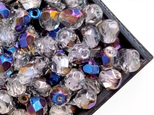 50 Stück Tschechische Facettierten Glasperlen Fire-Polished Rund 6 mm, Crystal Blue Flare von Perlen Fire-Polished 6mm