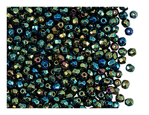 100 Stück Tschechische Facettierten Glasperlen Fire-Polished Rund 3 mm, Jet Green Iris (Opaque Green Rainbow) von Perlen Fire-Polished